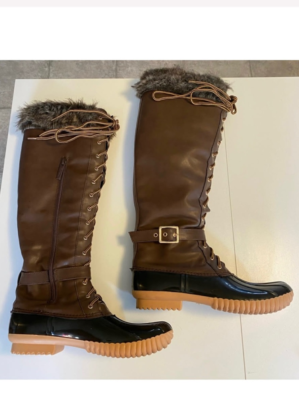 Nature Breeze Brown Lace-Up Faux Fur-Trim Knee Rain Boots with Treaded Sole